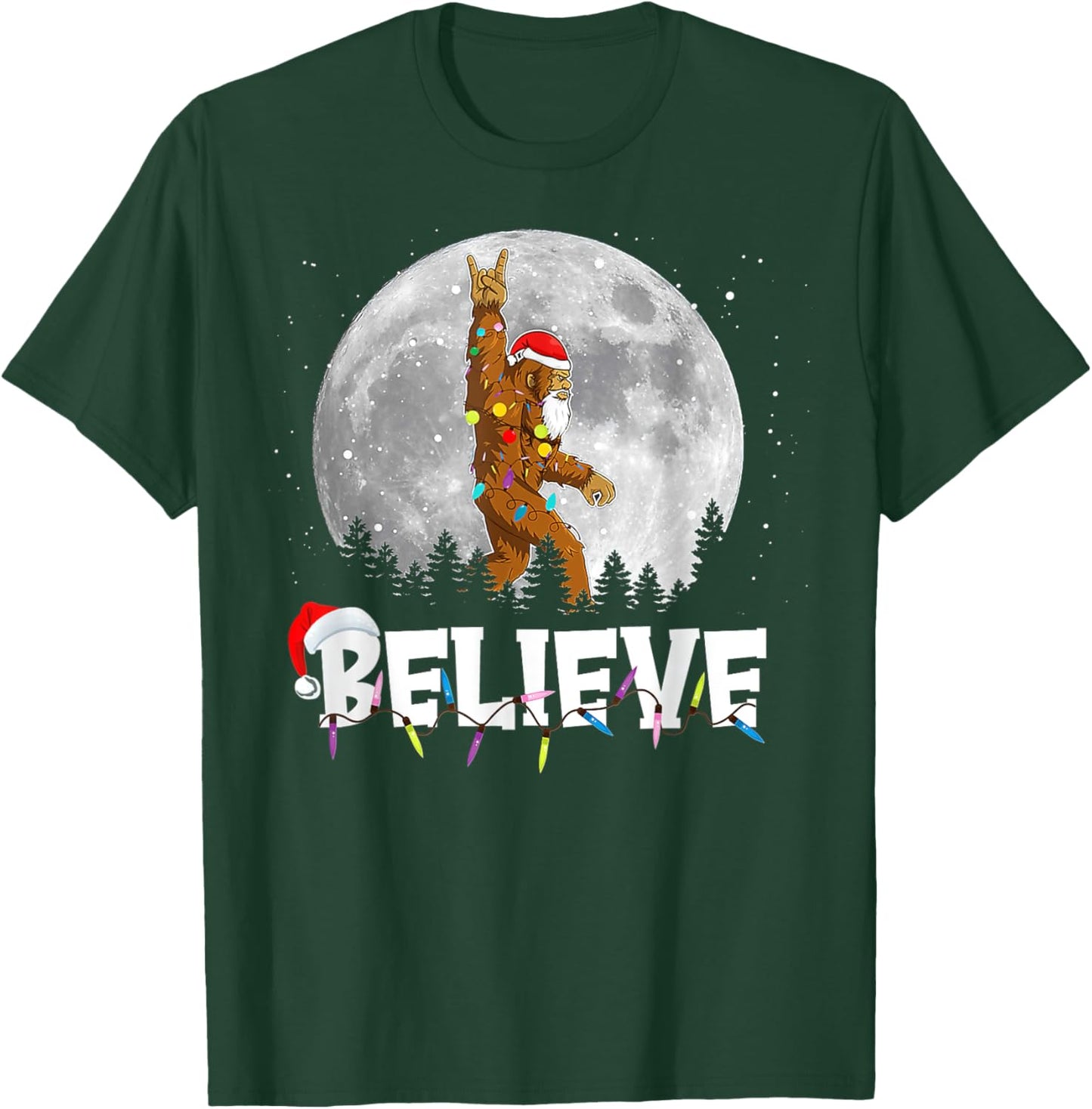 Santa Bigfoot Christmas Light Funny Sasquatch Believe Xmas T-Shirt - T-Shirt | Forest