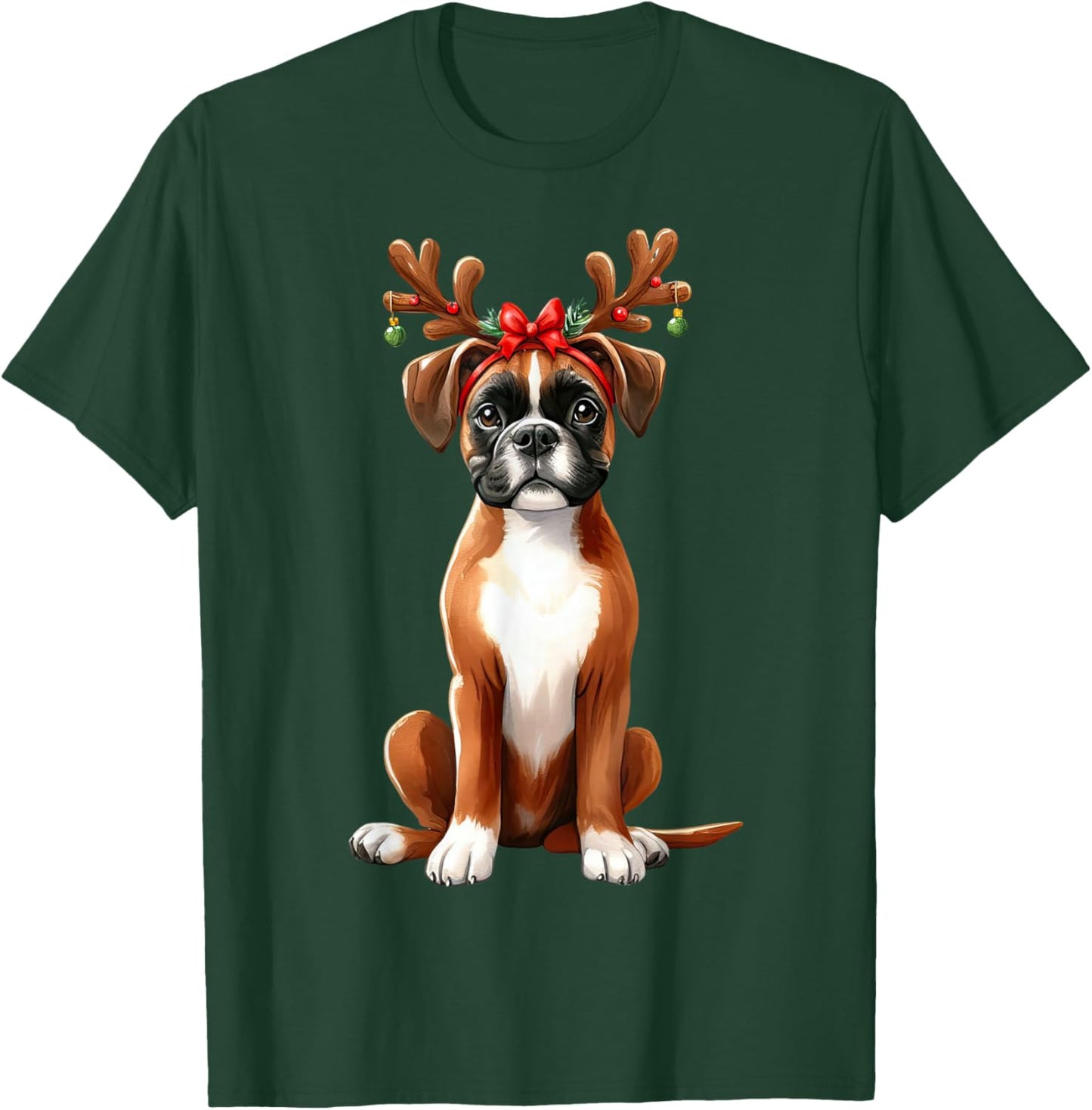 Boxer Reindeer Santa Hat Xmas Lights Christmas Xmas Dog Men Women T-Shirt - T-Shirt | Forest