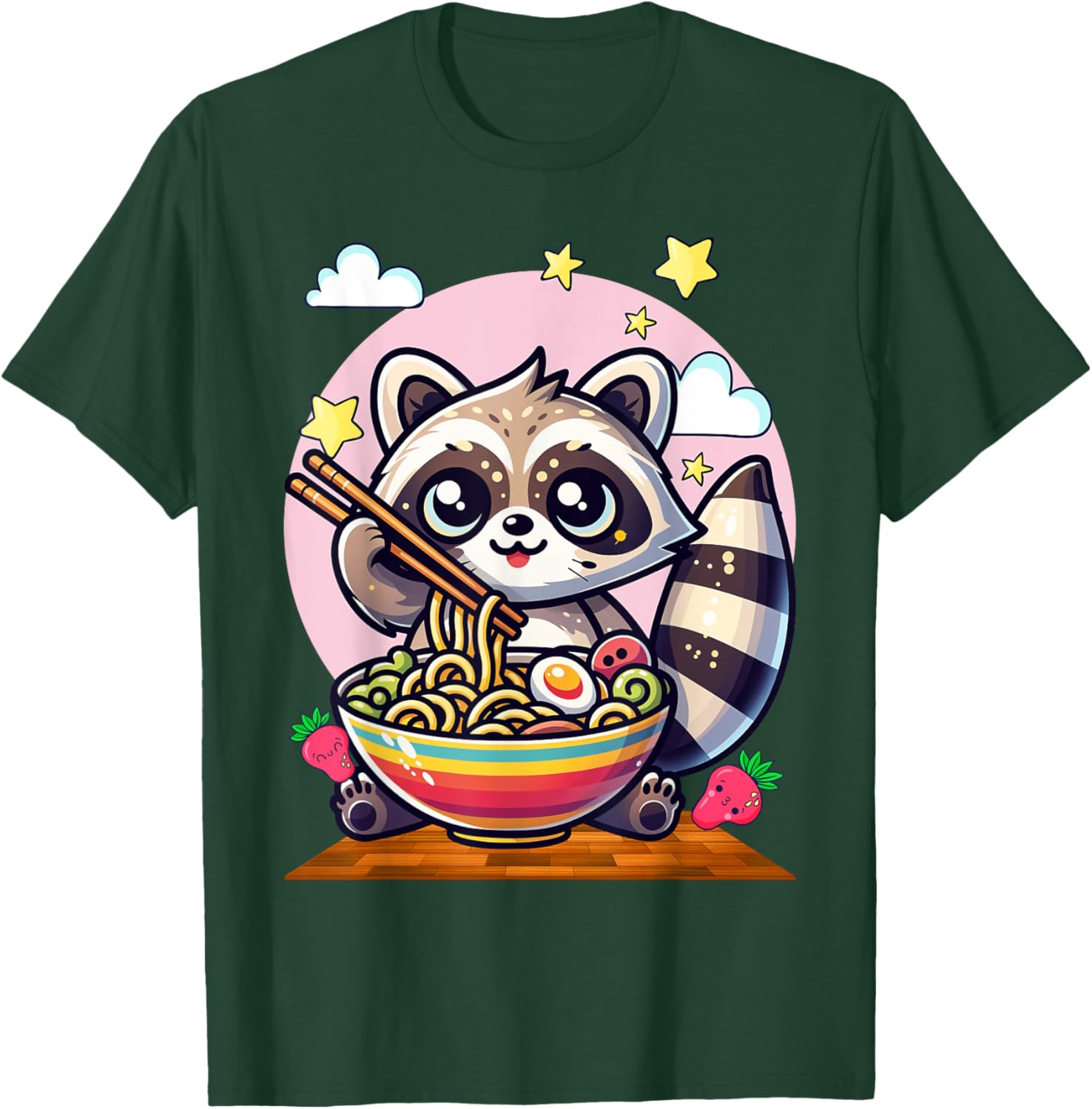Raccoon Noodles Lover Gift Co. -Adults & Kids Raccoon Eating Japanese Noodles Kawaii Ramen Bowl - Black, Small, Short Sleeve T-Shirt - T-Shirt | Forest