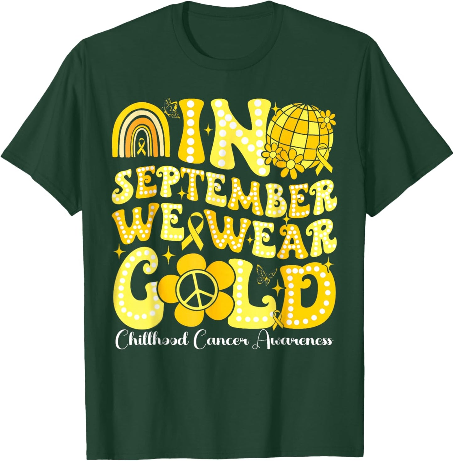 In September We Wear Gold Childhood Cancer Awareness Groovy T-Shirt - T-Shirt | Forest