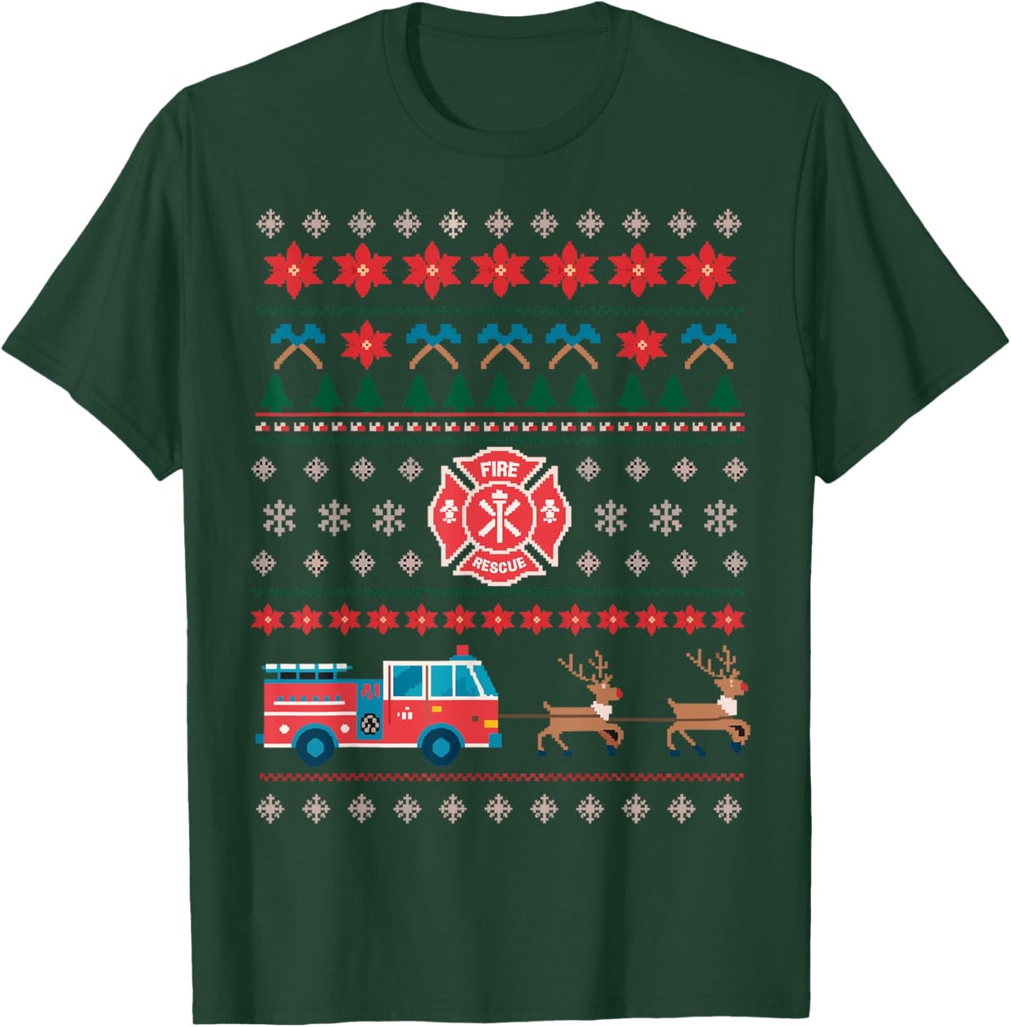 Firefighter Fire Rescue Funny Christmas Ugly Sweater T-Shirt - T-Shirt | Forest