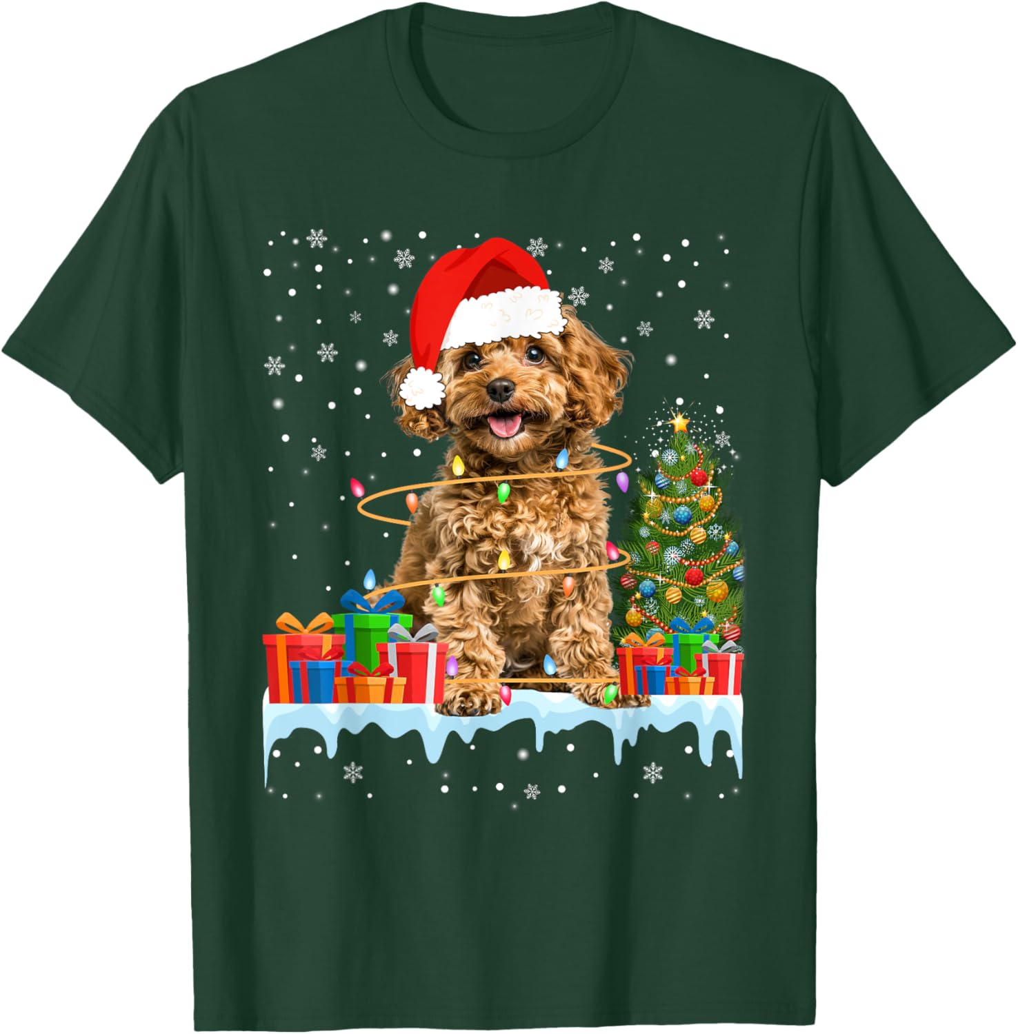 Funny Santa Poodle Dog Christmas Lights Xmas Pajamas T-Shirt - T-Shirt | Forest