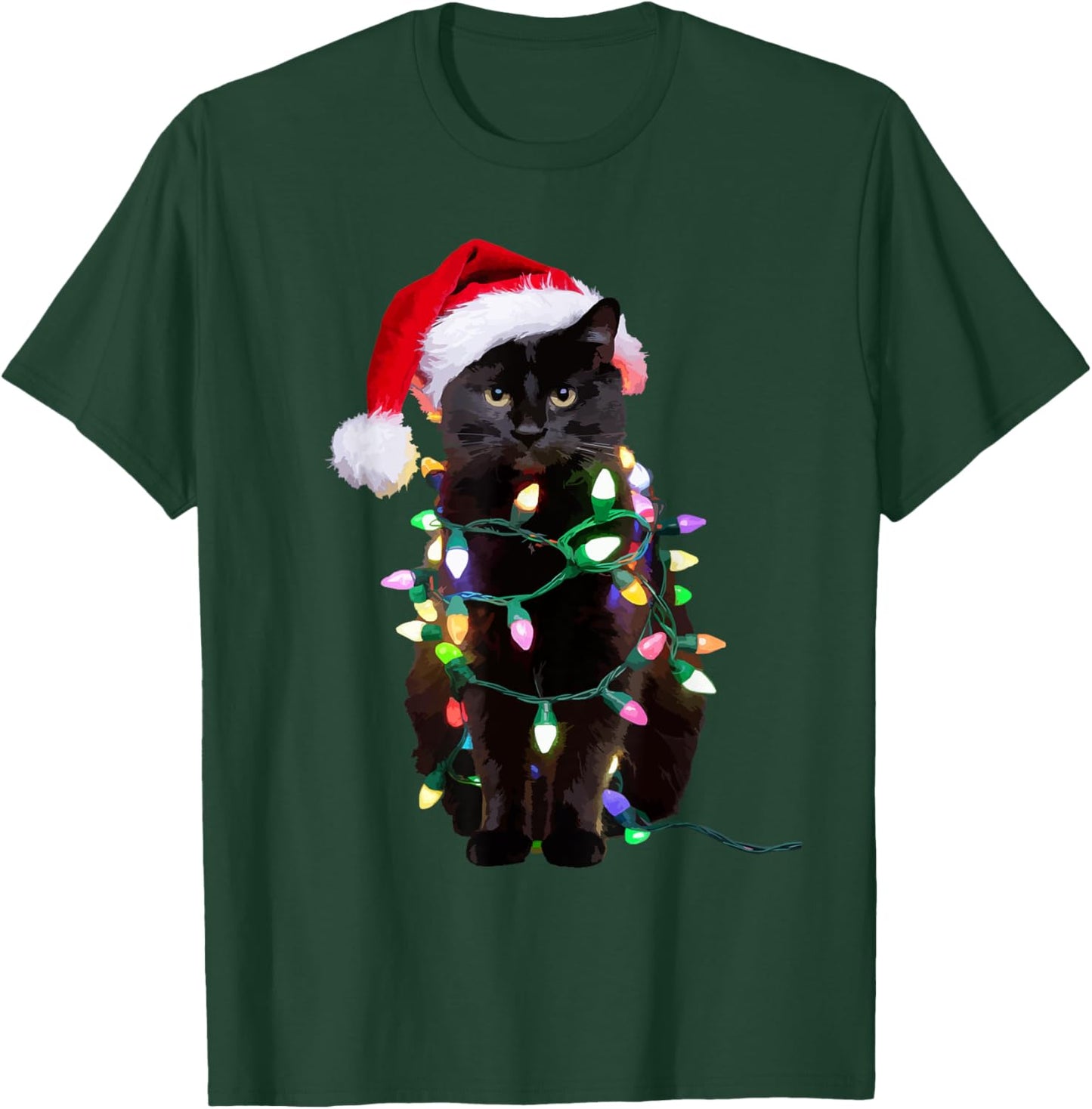 Black Cat Christmas Tree Lights Funny Santa Kitten Led Light T-Shirt - T-Shirt | Forest