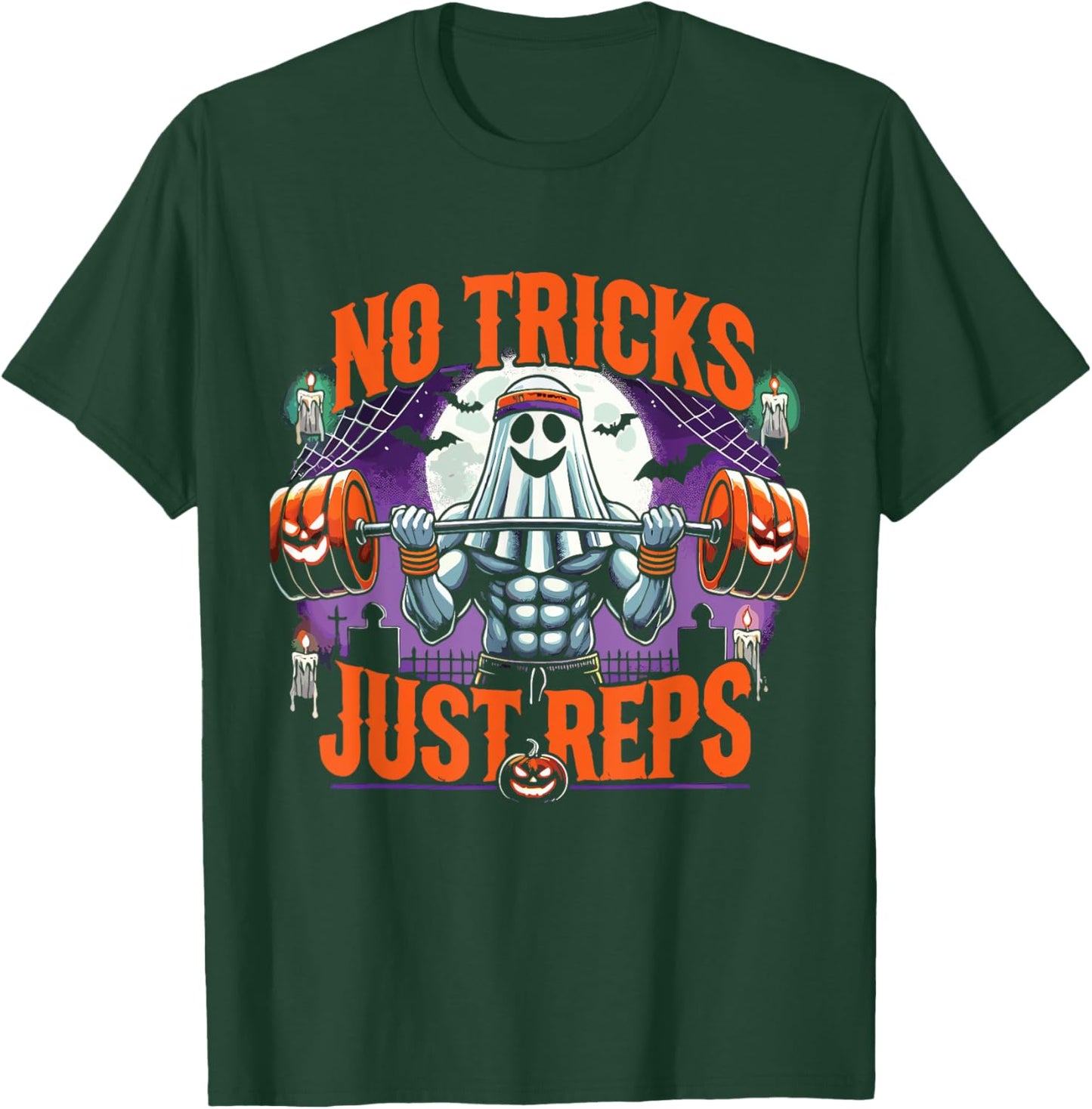 Halloween Workout No Tricks Just Reps Ghost Gym T-Shirt - T-Shirt | Forest