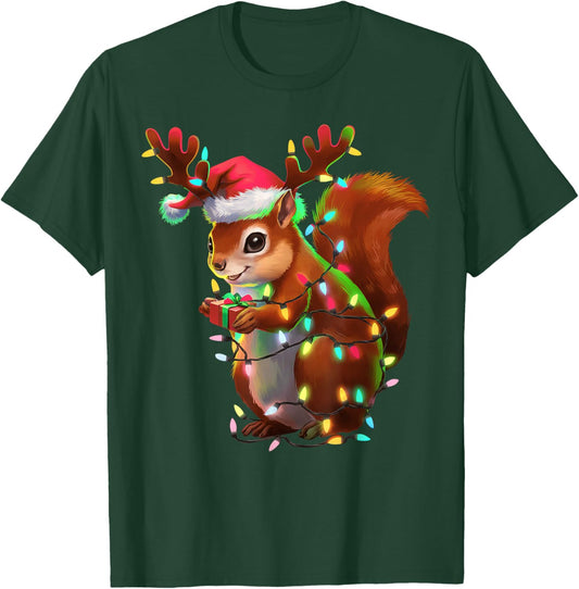 Christmas Squirrel Lights Santa Hat Xmas Family Men Women T-Shirt - T-Shirt | Forest