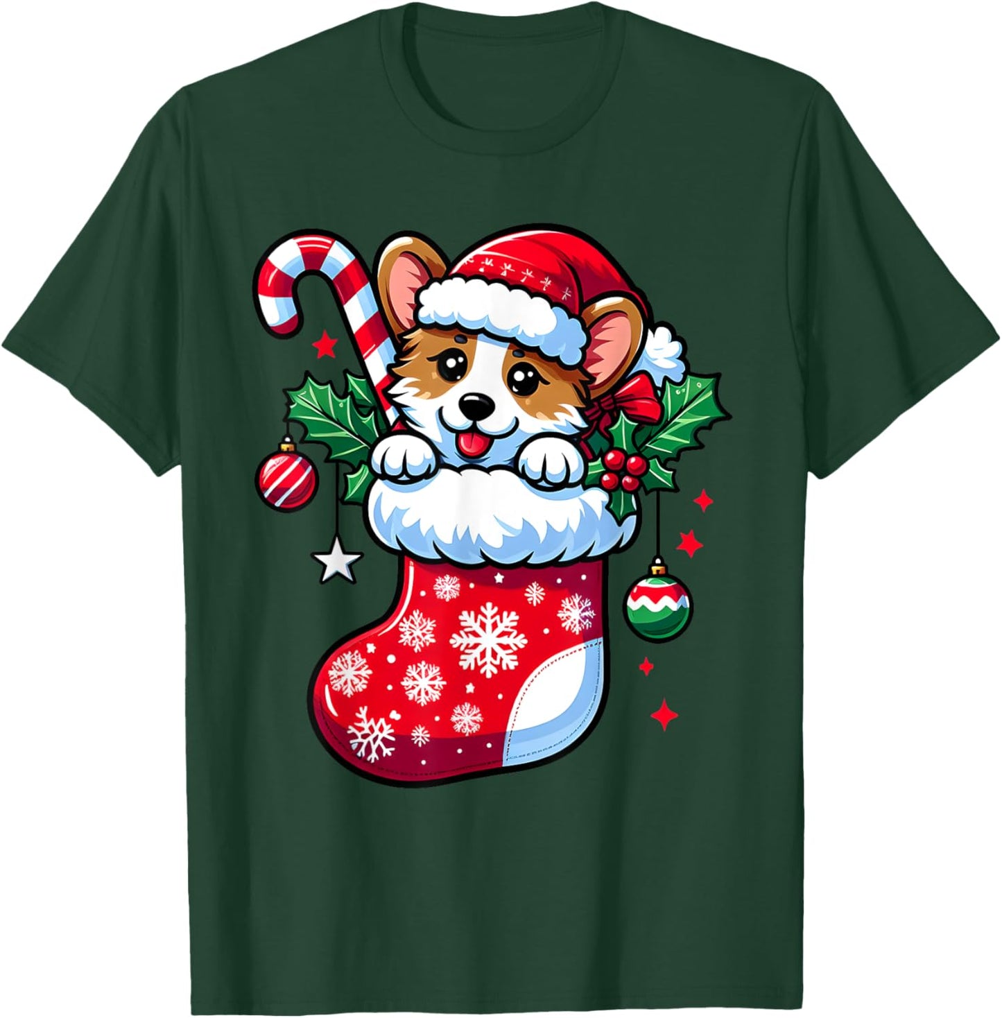 Cute Christmas Candy Cane Santa Corgi Dog in Xmas Stocking T-Shirt - T-Shirt | Forest