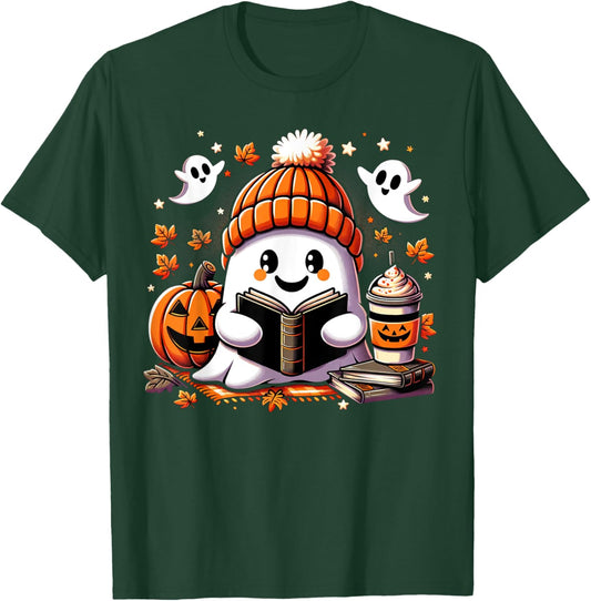 Snug Ghost Reading A Book Halloween Vibes Autumn Love Fall T-Shirt - T-Shirt | Forest
