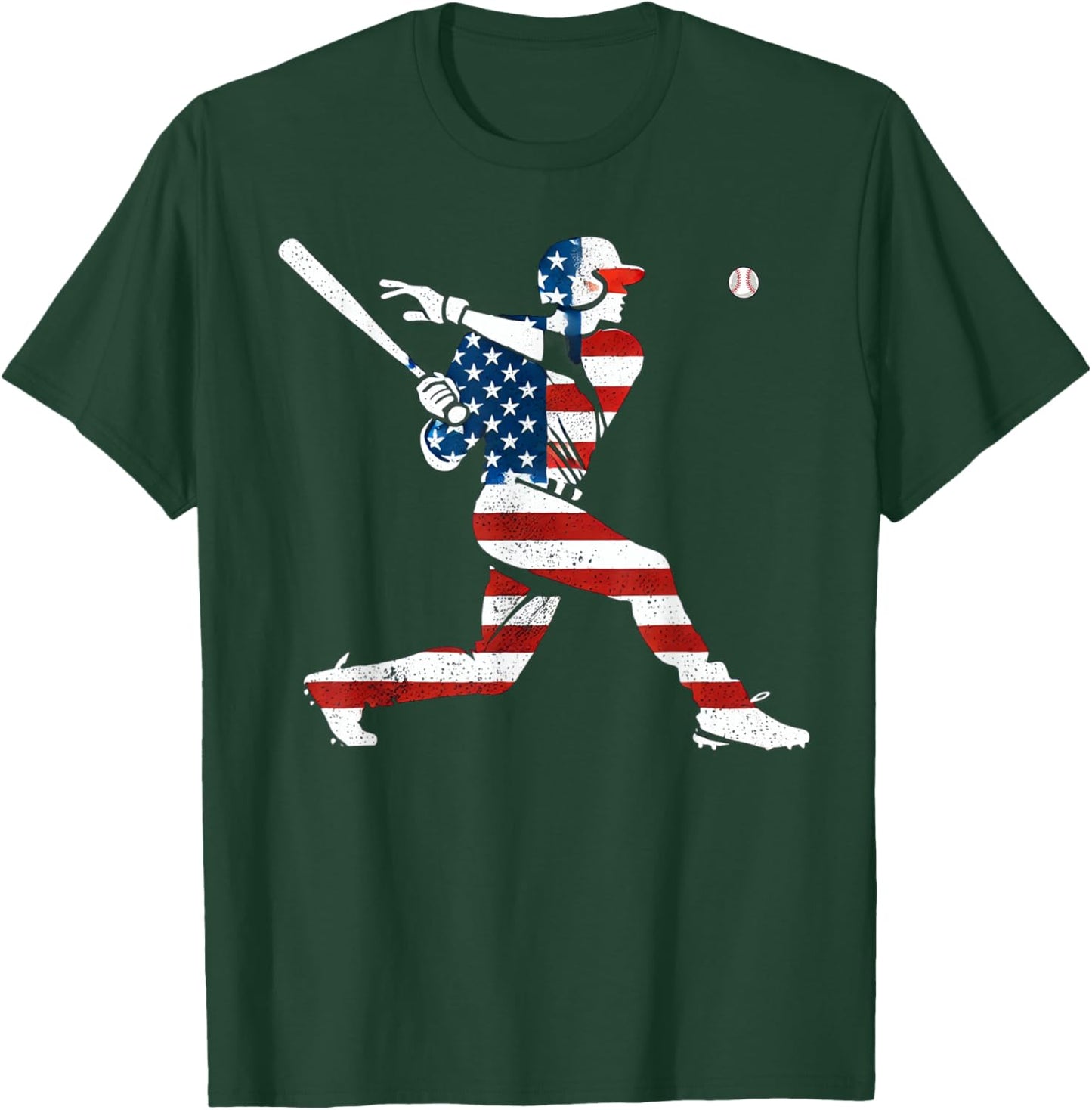 American Baseball Player Batter with United States Flag USA T-Shirt - T-Shirt | Forest