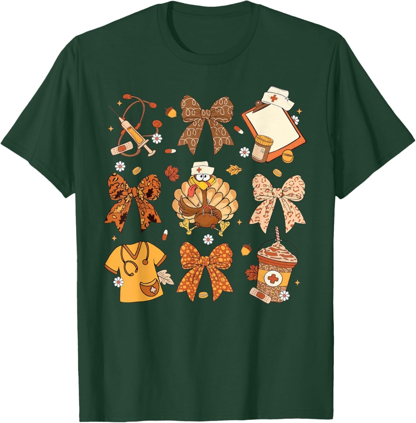 Coquette Bow Nurse Thanksgiving Turkey Scrub Top T-Shirt - T-Shirt | Forest