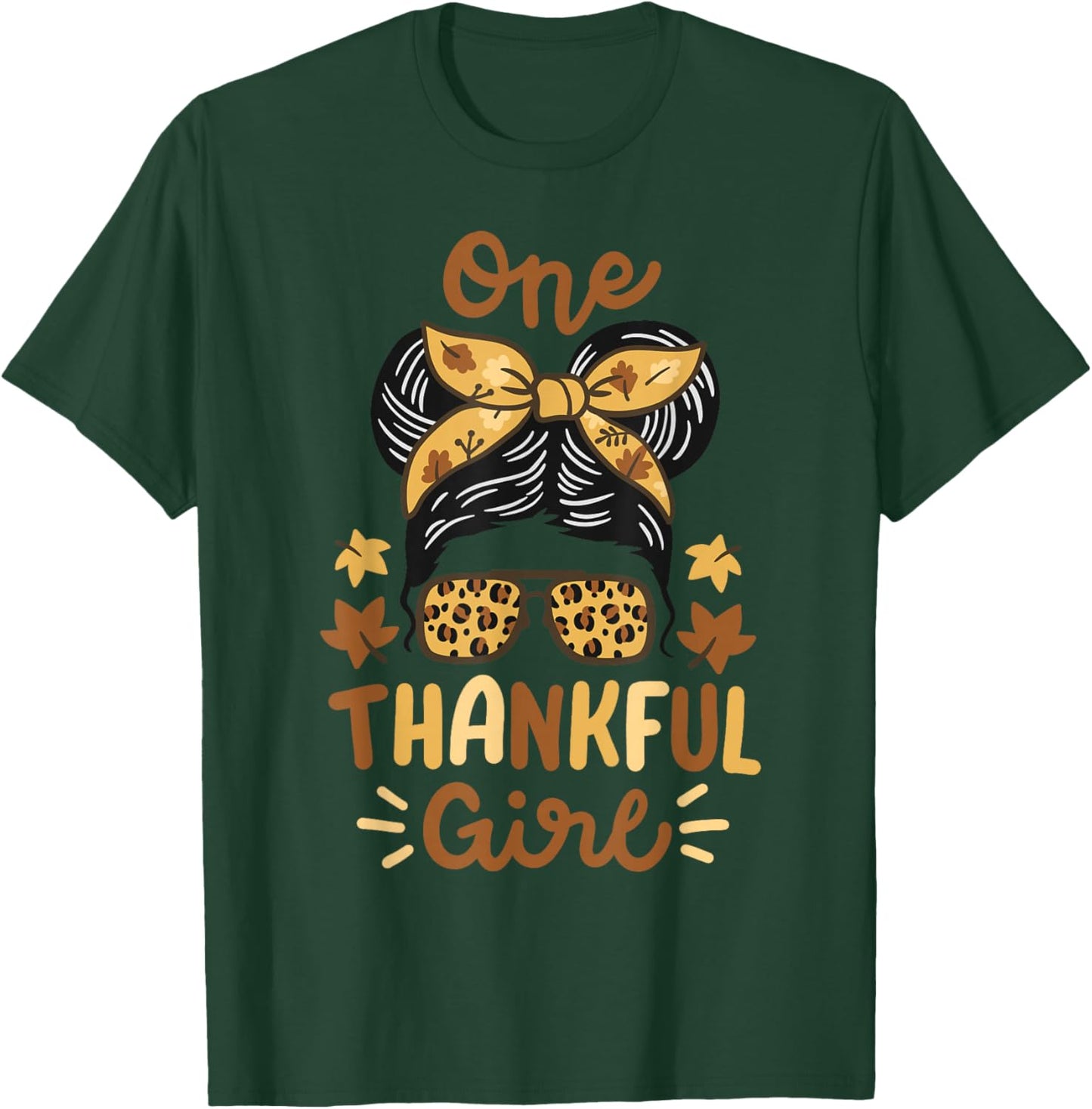 Thanksgiving Messy Bun Leopard Thankful Girl Women T-Shirt - T-Shirt | Forest