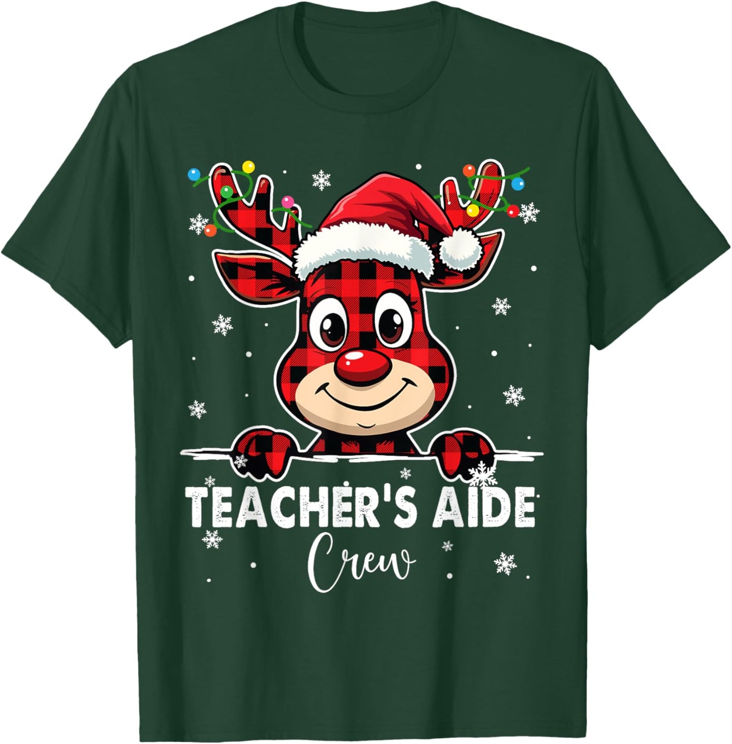 Funny Red Plaid Reindeer Teacher's Aide Crew Merry Christmas T-Shirt - T-Shirt | Forest
