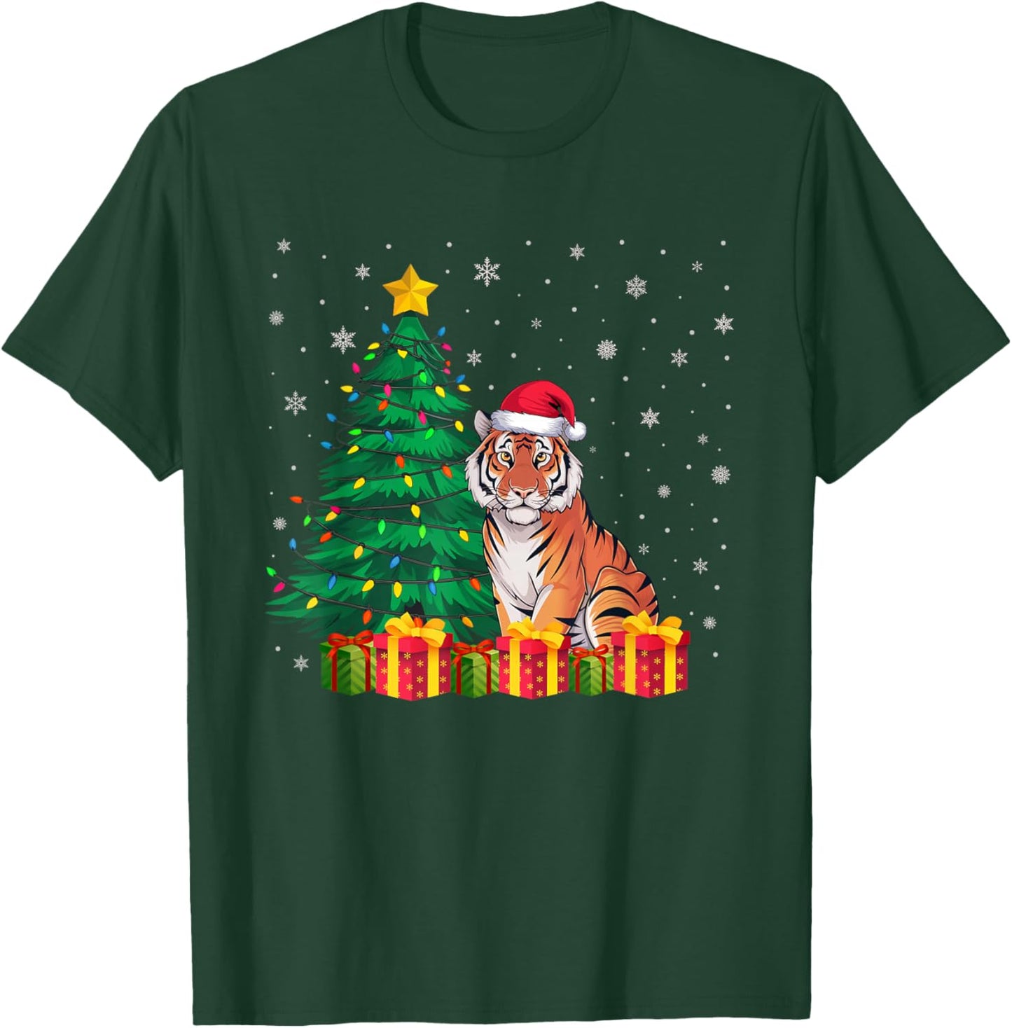Ugly Bengal Tiger Santa Hat Christmas Tree Lights Pajama T-Shirt - T-Shirt | Forest