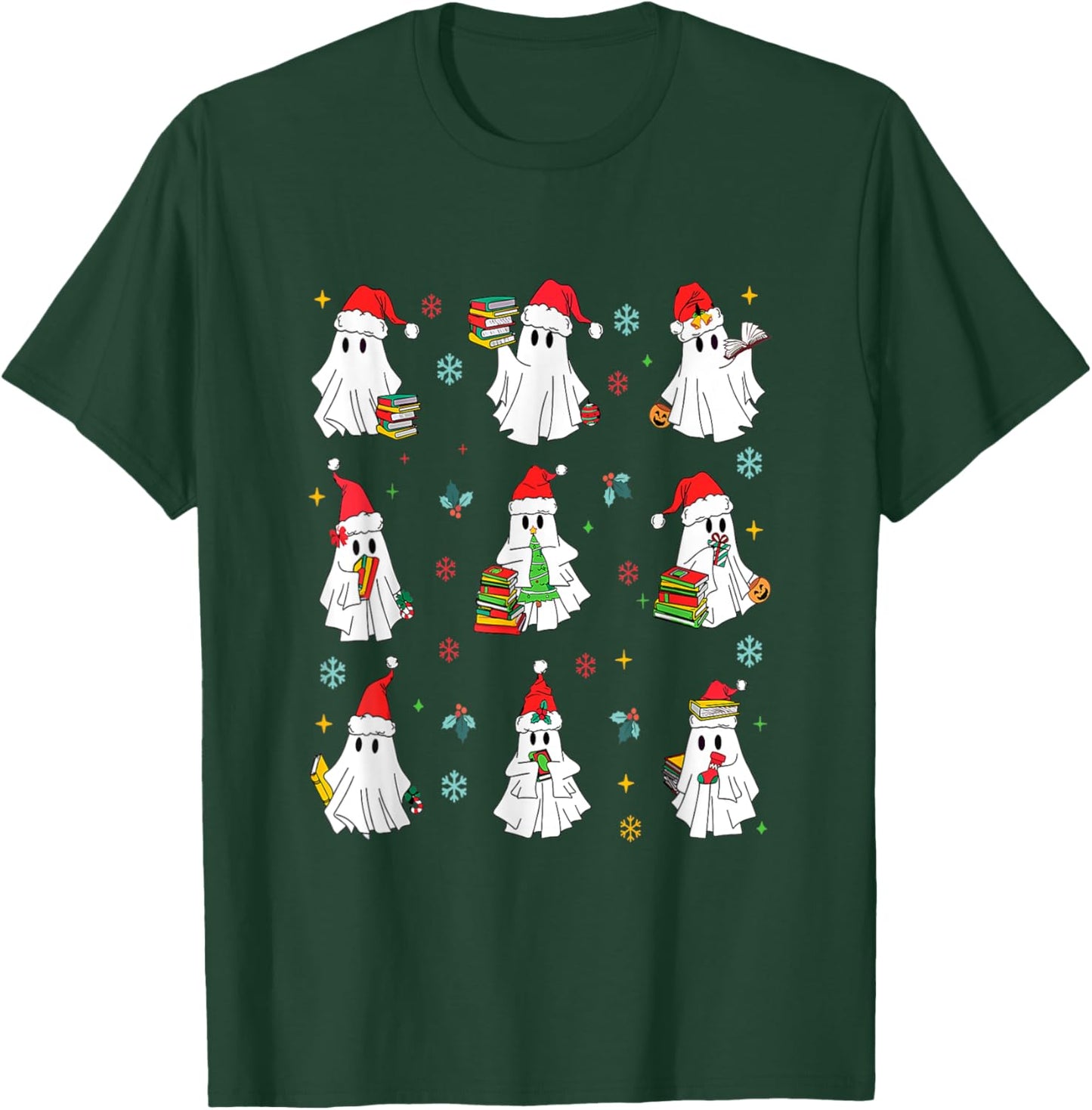 Ghosts Wearing Santa Hats Reading Books Christmas Book Lover T-Shirt - T-Shirt | Forest