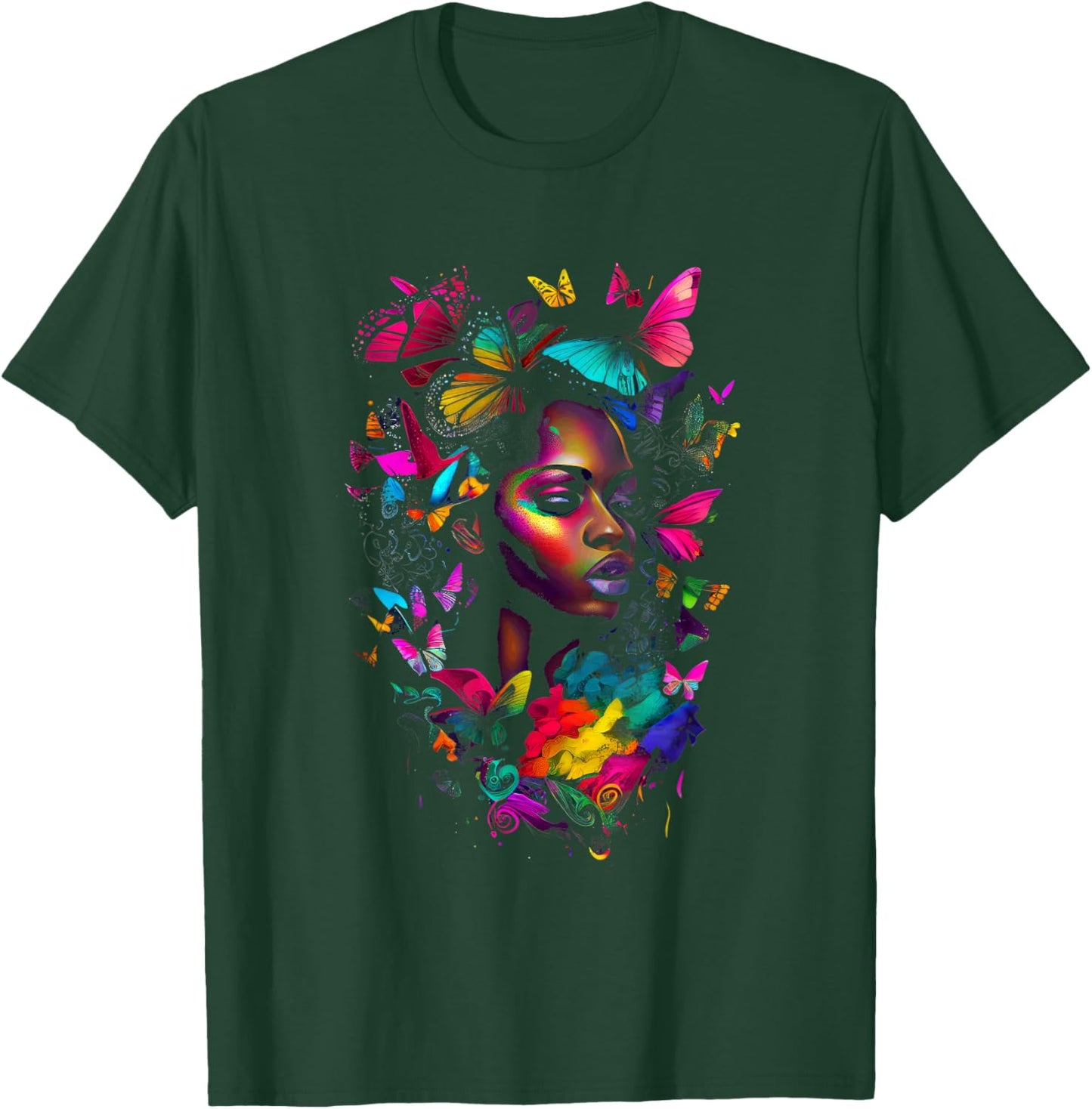 Black Woman Flowers Butterflies African American Art T-Shirt - T-Shirt | Forest