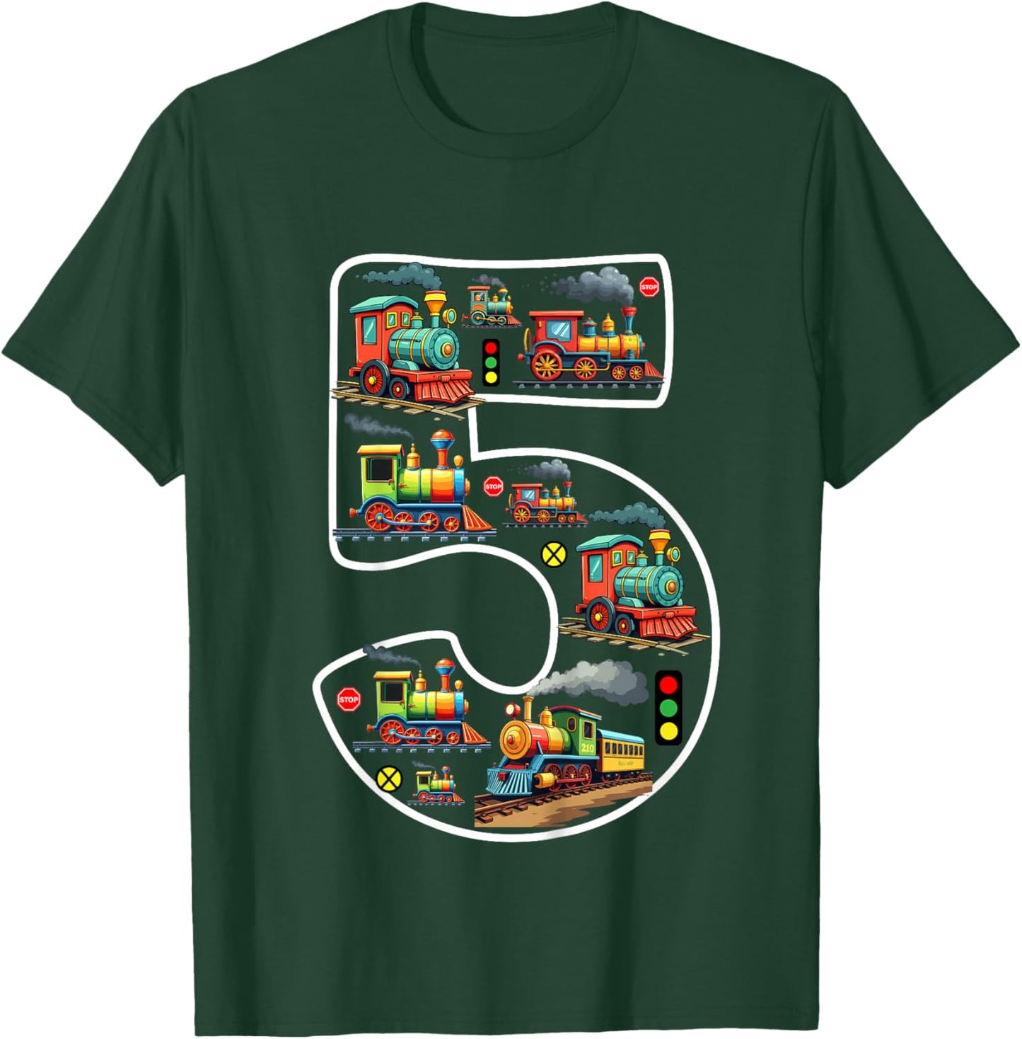 Kids 5 Year Old Boy Trains Birthday 5th Birthday Locomotive Train T-Shirt - T-Shirt | Forest