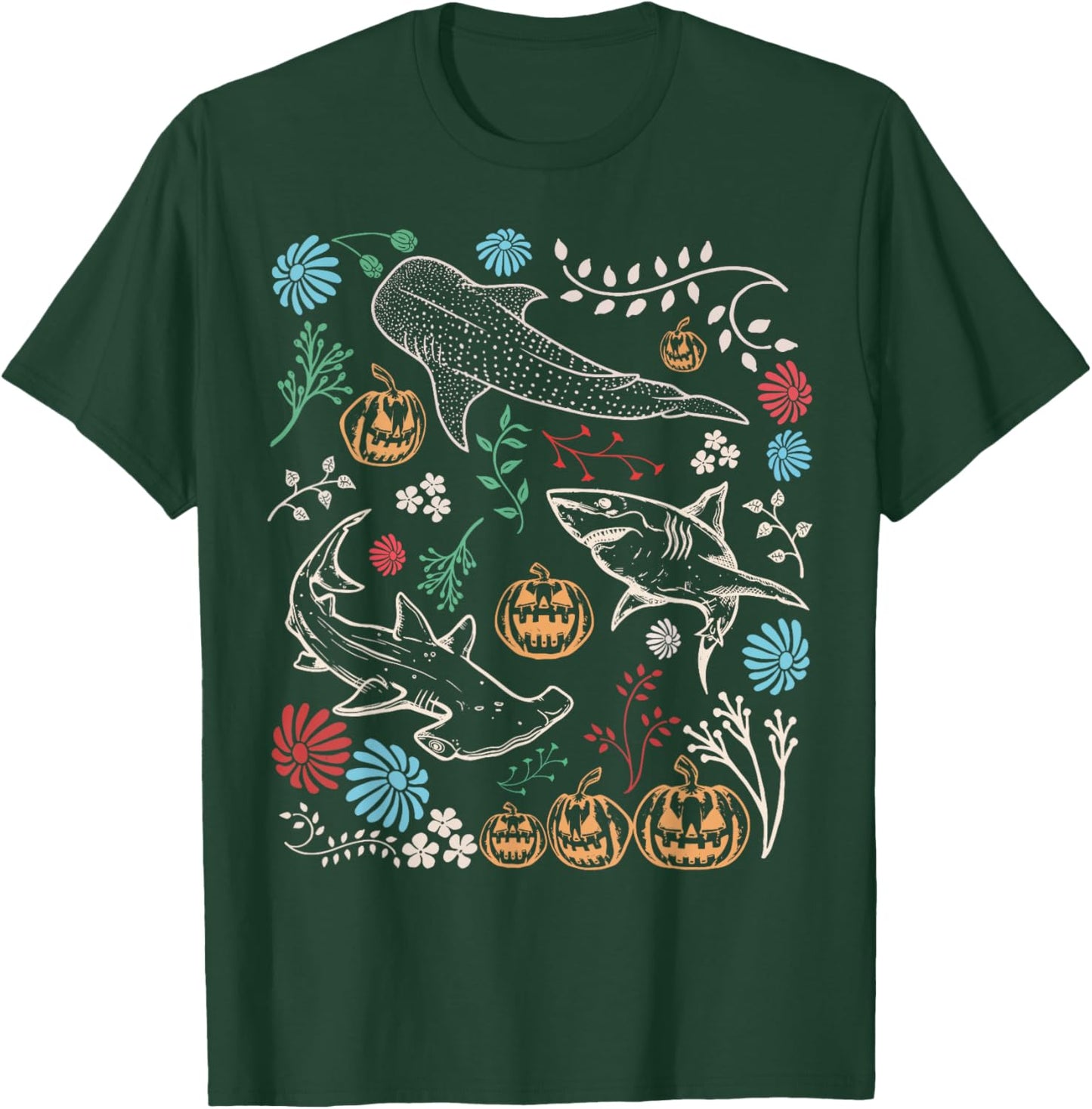Vintage 90s Halloween Shark Pumpkin Ocean Marine Biology T-Shirt - T-Shirt | Forest