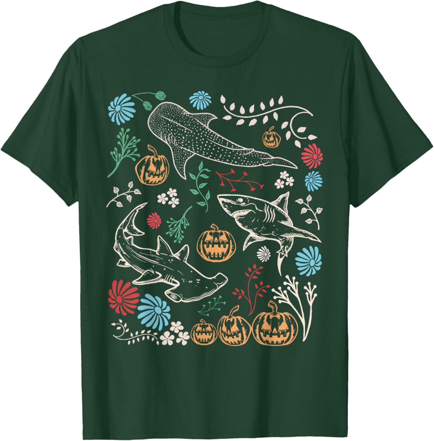 Vintage 90s Halloween Shark Pumpkin Ocean Marine Biology T-Shirt - T-Shirt | Forest