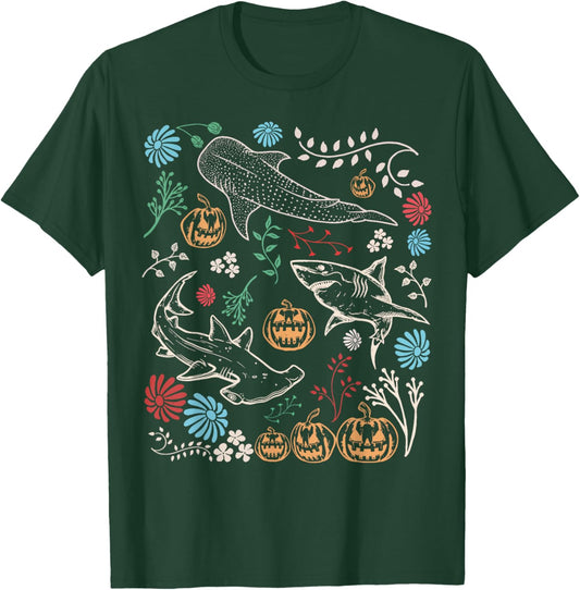 Vintage 90s Halloween Shark Pumpkin Ocean Marine Biology T-Shirt - T-Shirt | Forest