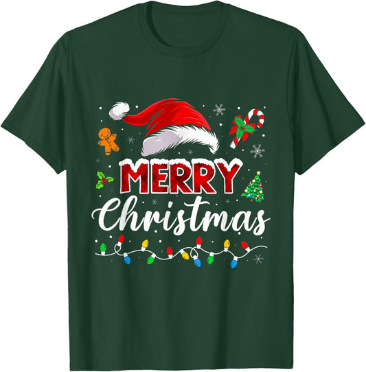 Merry Christmas Lights Santa Hat Xmas Family Matching Pajama T-Shirt - T-Shirt | Forest