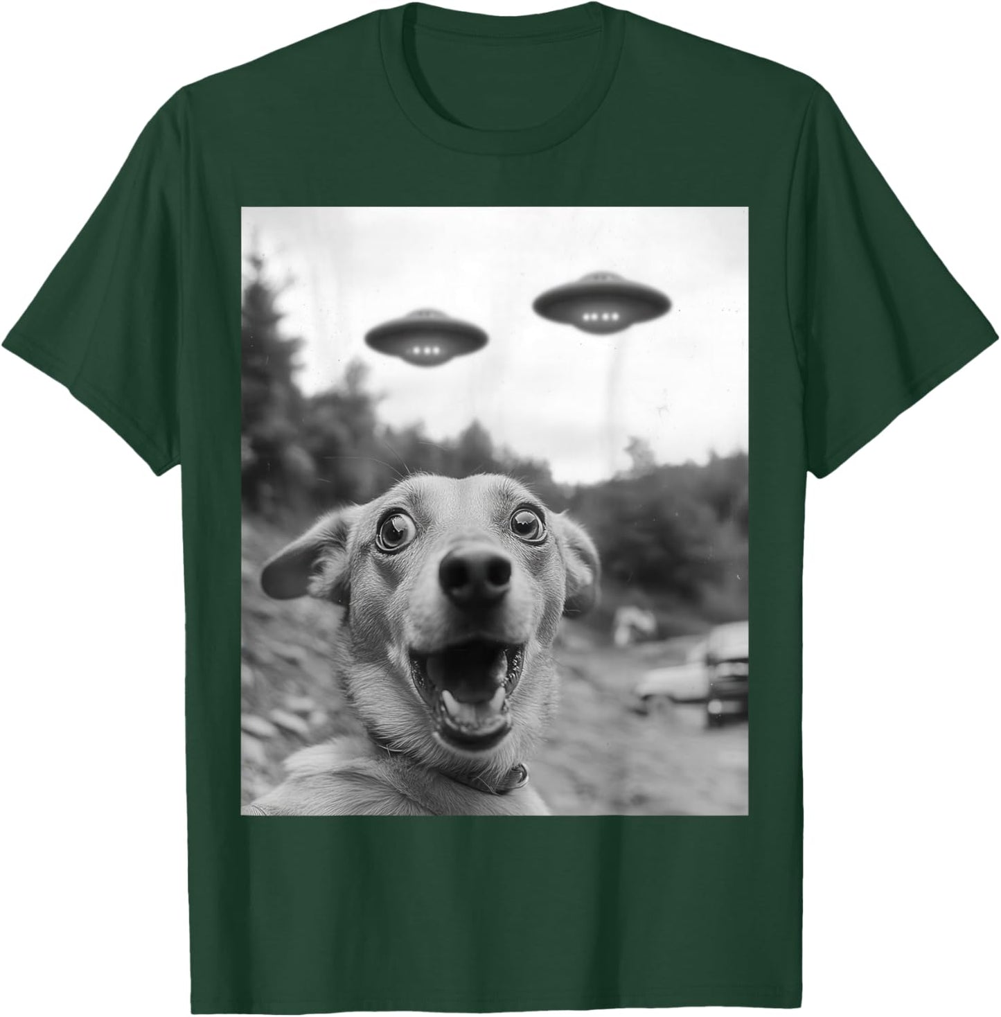 Funny dog Selfie with UFOs Weird dog T-Shirt - T-Shirt | Forest
