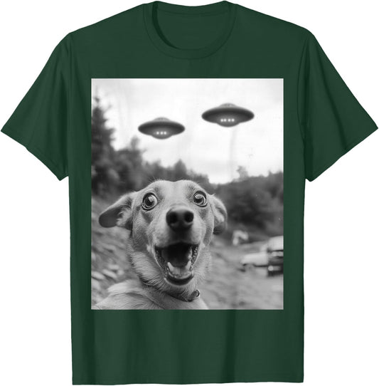 Funny dog Selfie with UFOs Weird dog T-Shirt - T-Shirt | Forest