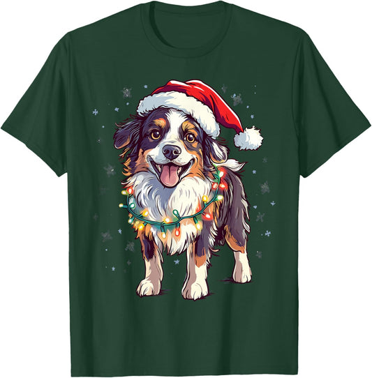 Australian Shepherd Santa Christmas Tree Lights Xmas Aussie T-Shirt - T-Shirt | Forest