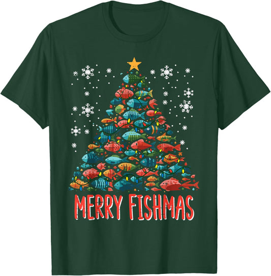 Fish Christmas Tree Merry Fishmas Xmas Boys Kids Men Women T-Shirt - T-Shirt | Forest