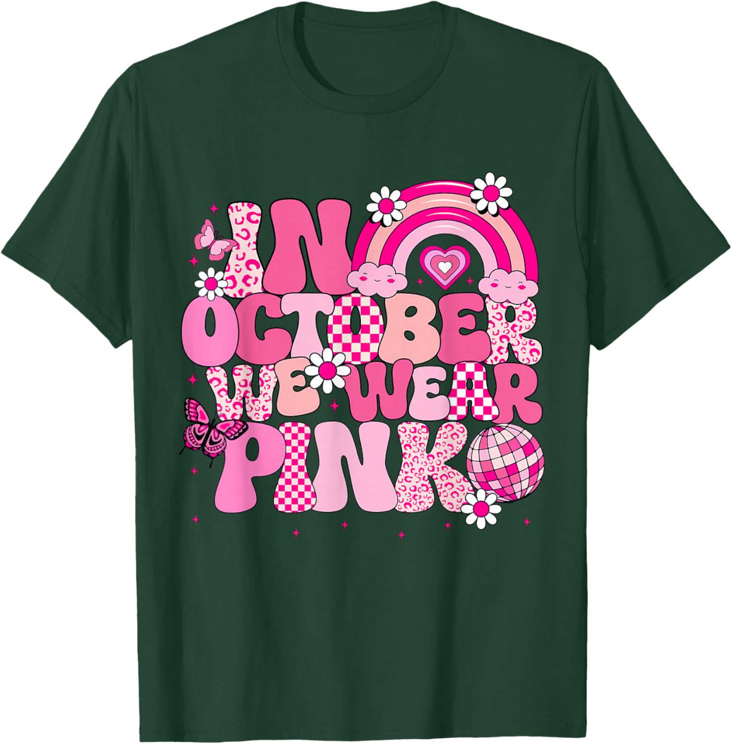 Groovy Breast Cancer Awareness In October We Wear Pink Kids T-Shirt - T-Shirt | Forest