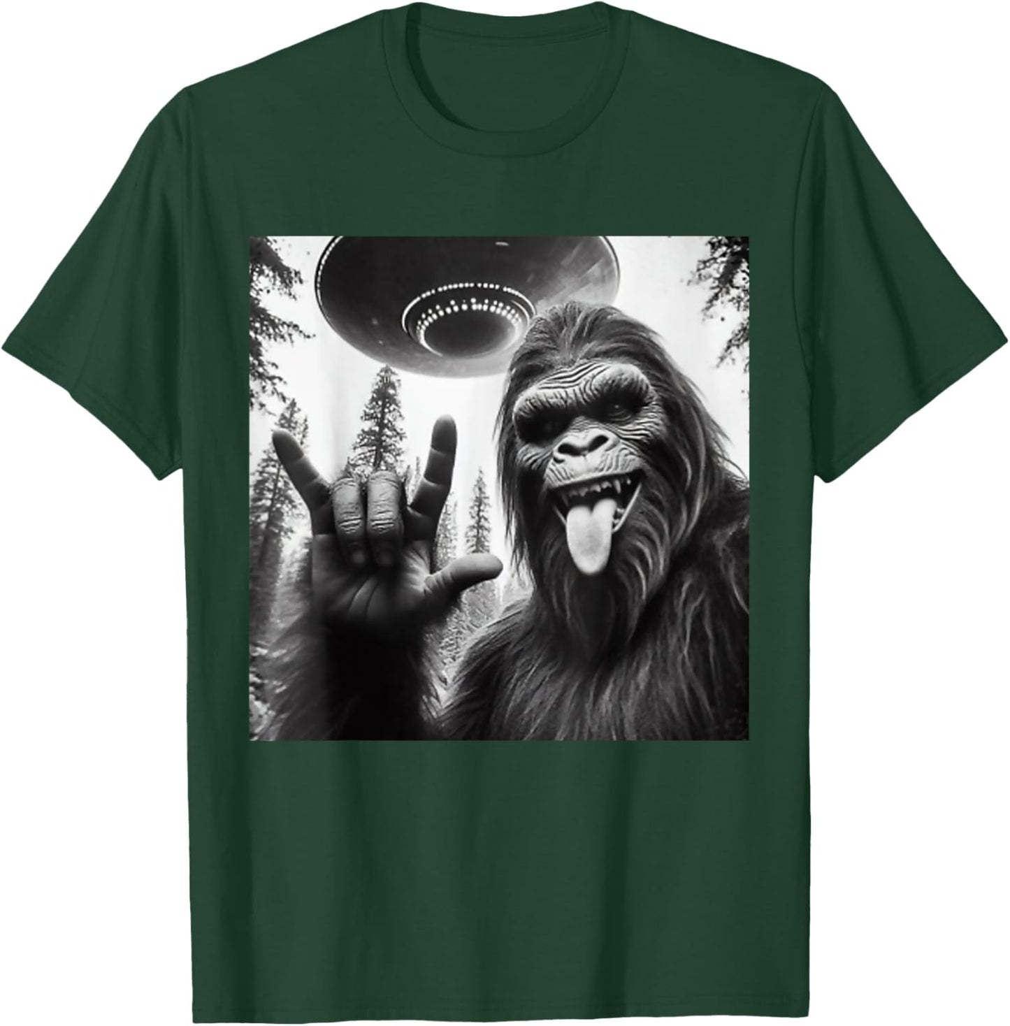 Funny Sasquatch Bigfoot Rock On Selfie With UFO Alien T-Shirt - T-Shirt | Forest