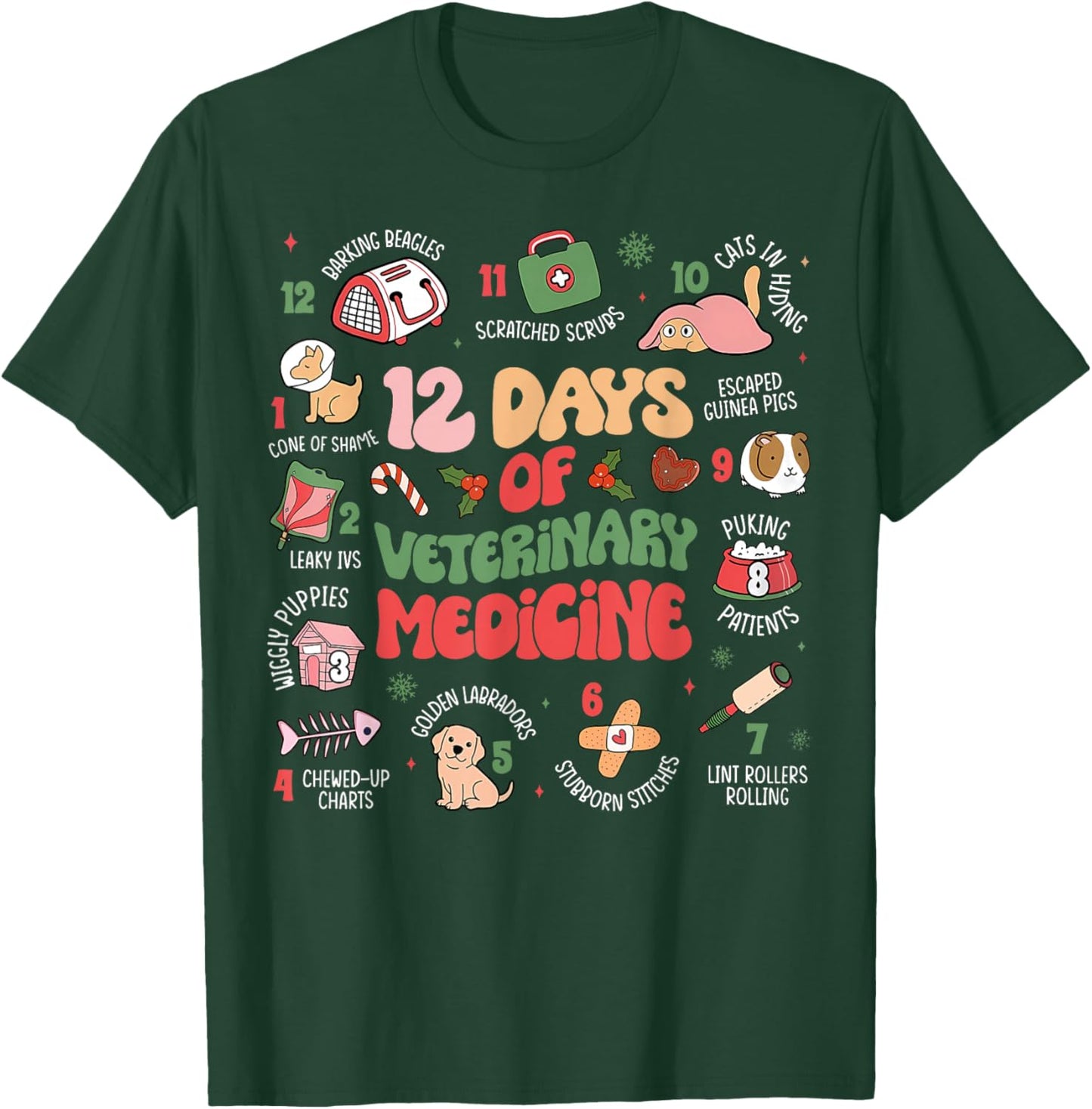 Funny Christmas Vet Tech 12 days of Veterinary Medicine T-Shirt - T-Shirt | Forest