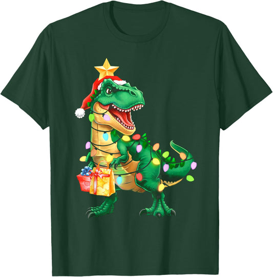Christmas Shirts For Kids Xmas Tree Lights Dinosaur Boys T-Shirt - T-Shirt | Forest
