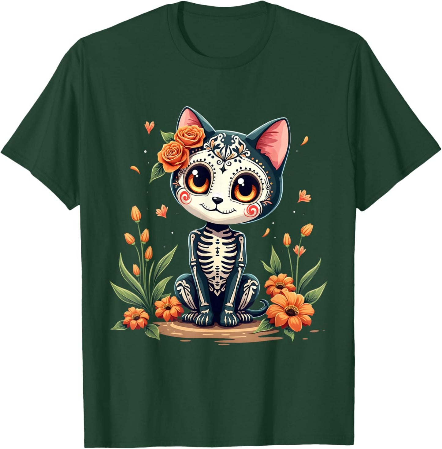 Colorful Sugar Skull Cat Mexican Halloween T-Shirt - T-Shirt | Forest