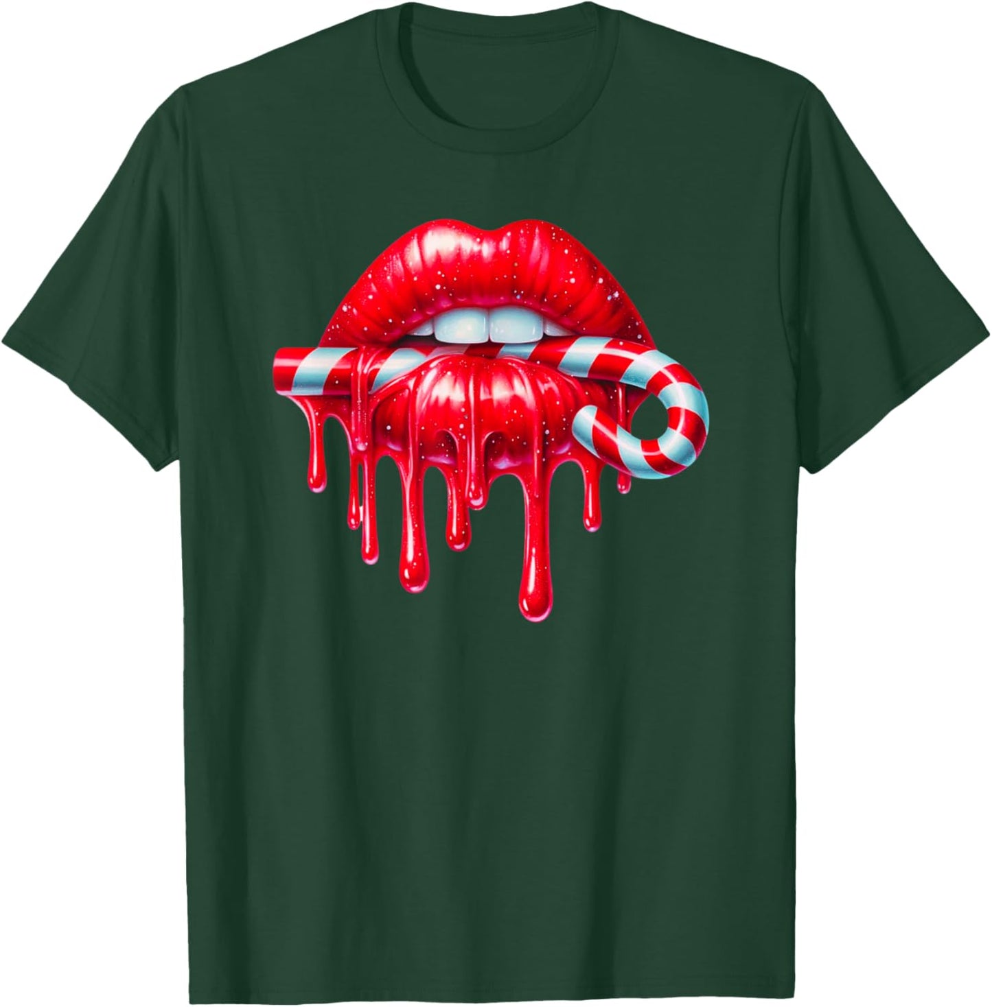 Sexy Lips Red Lipstick Kiss Dripping Candy Cane Christmas T-Shirt - T-Shirt | Forest
