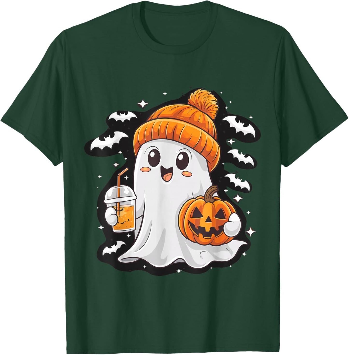 Ghost with Coffee Beanie and Pumpkin Halloween Costume T-Shirt - T-Shirt | Forest