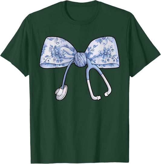 Floral Cute Blue Coquette Bow Stethoscope Registered Nurse T-Shirt - T-Shirt | Forest