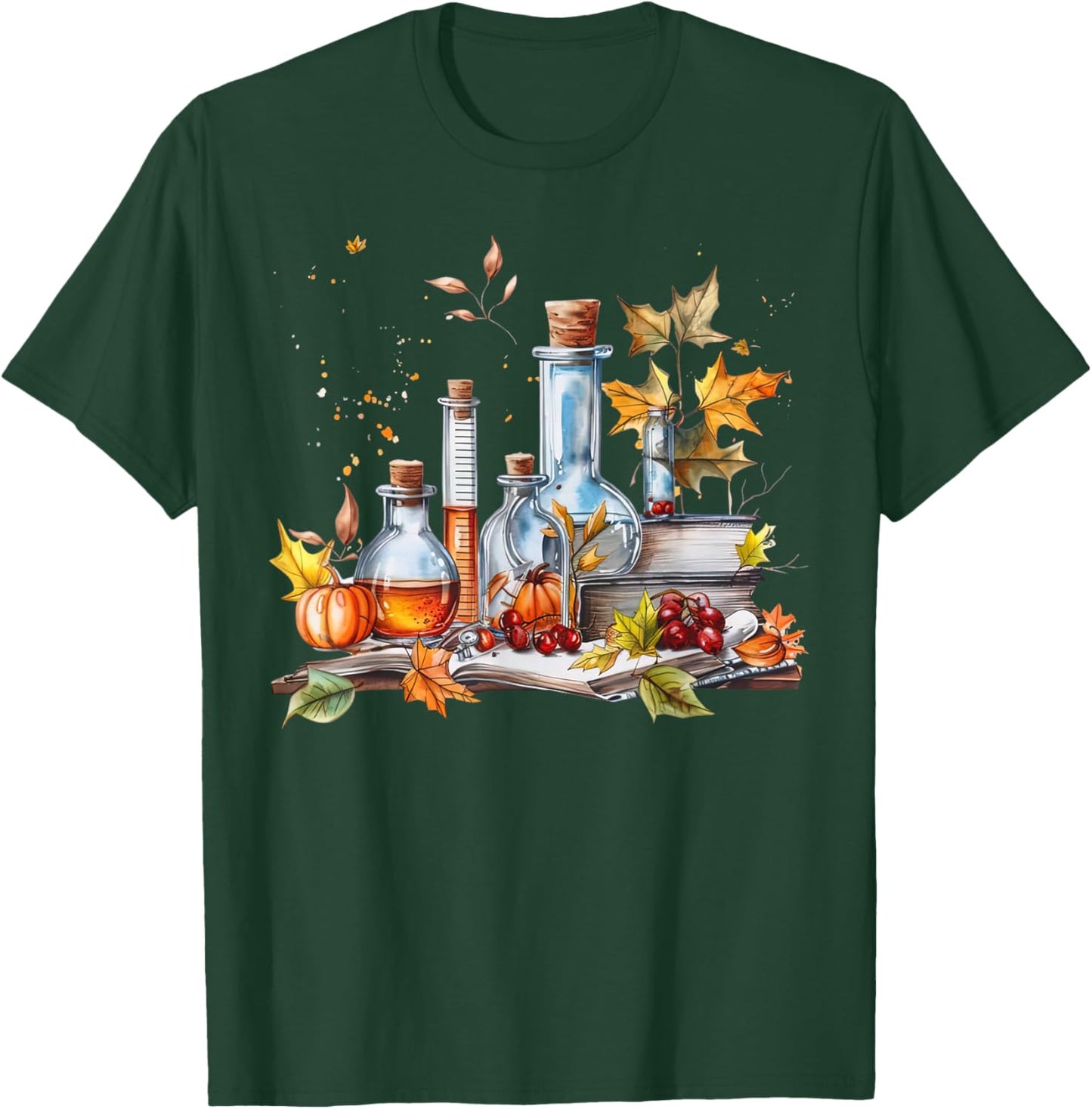 Laboratory Beakers Fall Leaves Chemist Medical Lab Autumn T-Shirt - T-Shirt | Forest
