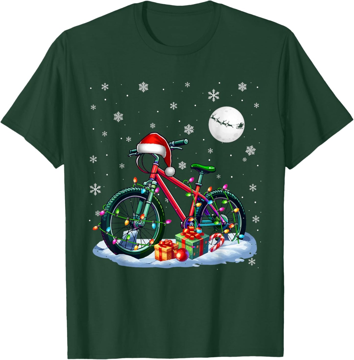 Santa Bicycle Colorful Lights Christmas Cyclist Biking Lover T-Shirt - T-Shirt | Forest