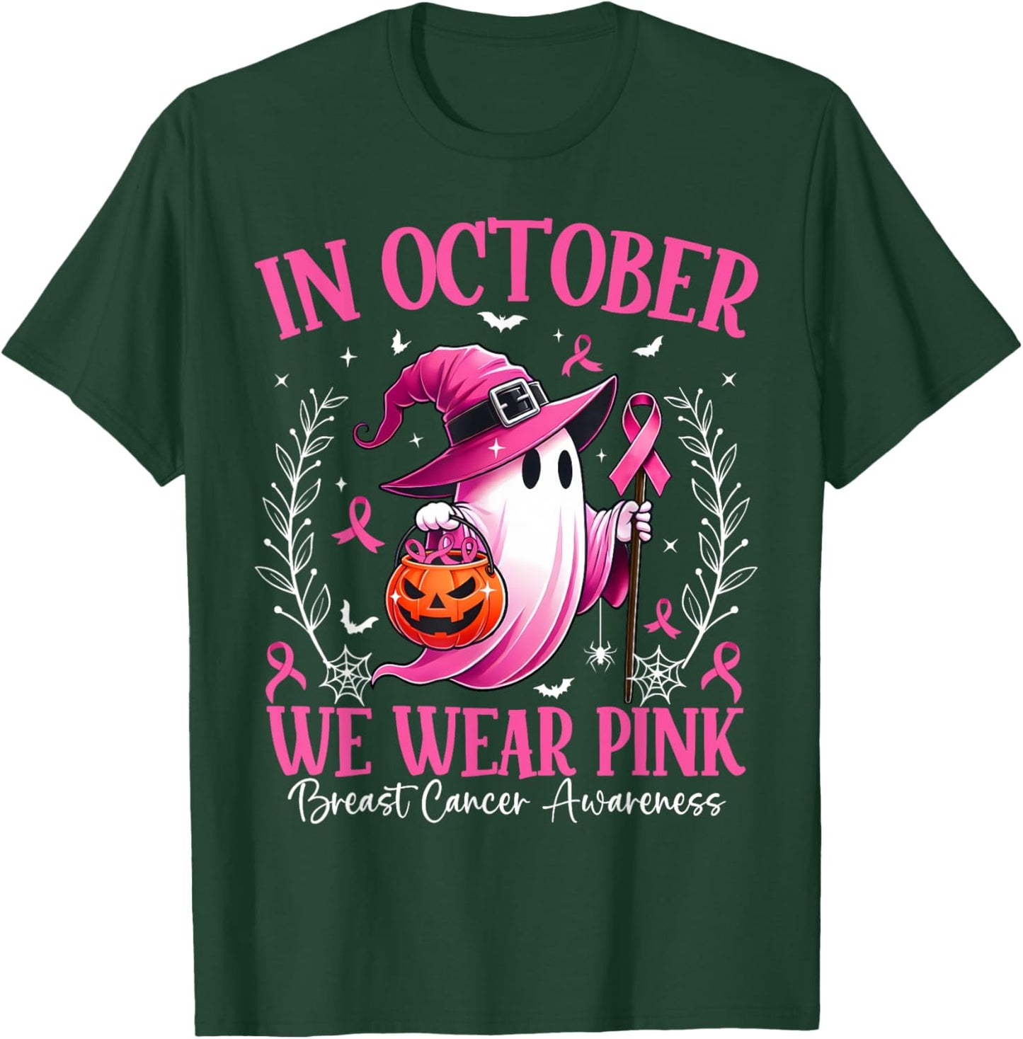 In October We Wear Pink Breast Cancer Awareness Halloween T-Shirt - T-Shirt | Forest