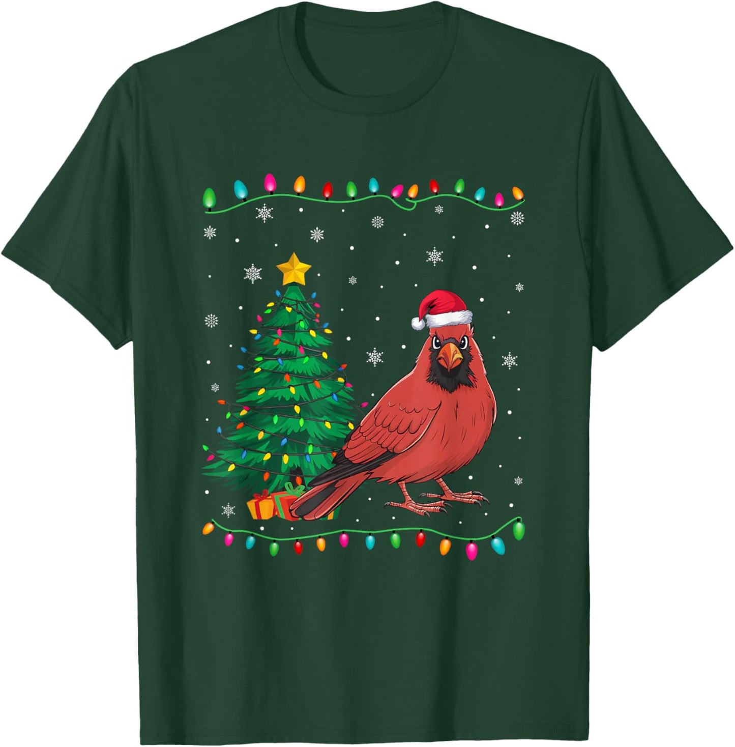 Cardinal Bird Santa Hat Men Women Kids Christmas Tree Lights T-Shirt - T-Shirt | Forest