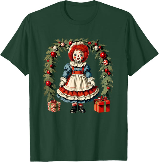 X-mas Children's Cloth Rag Doll Story Raggedy Ann Christmas Wreath and Presents T-Shirt - T-Shirt | Forest