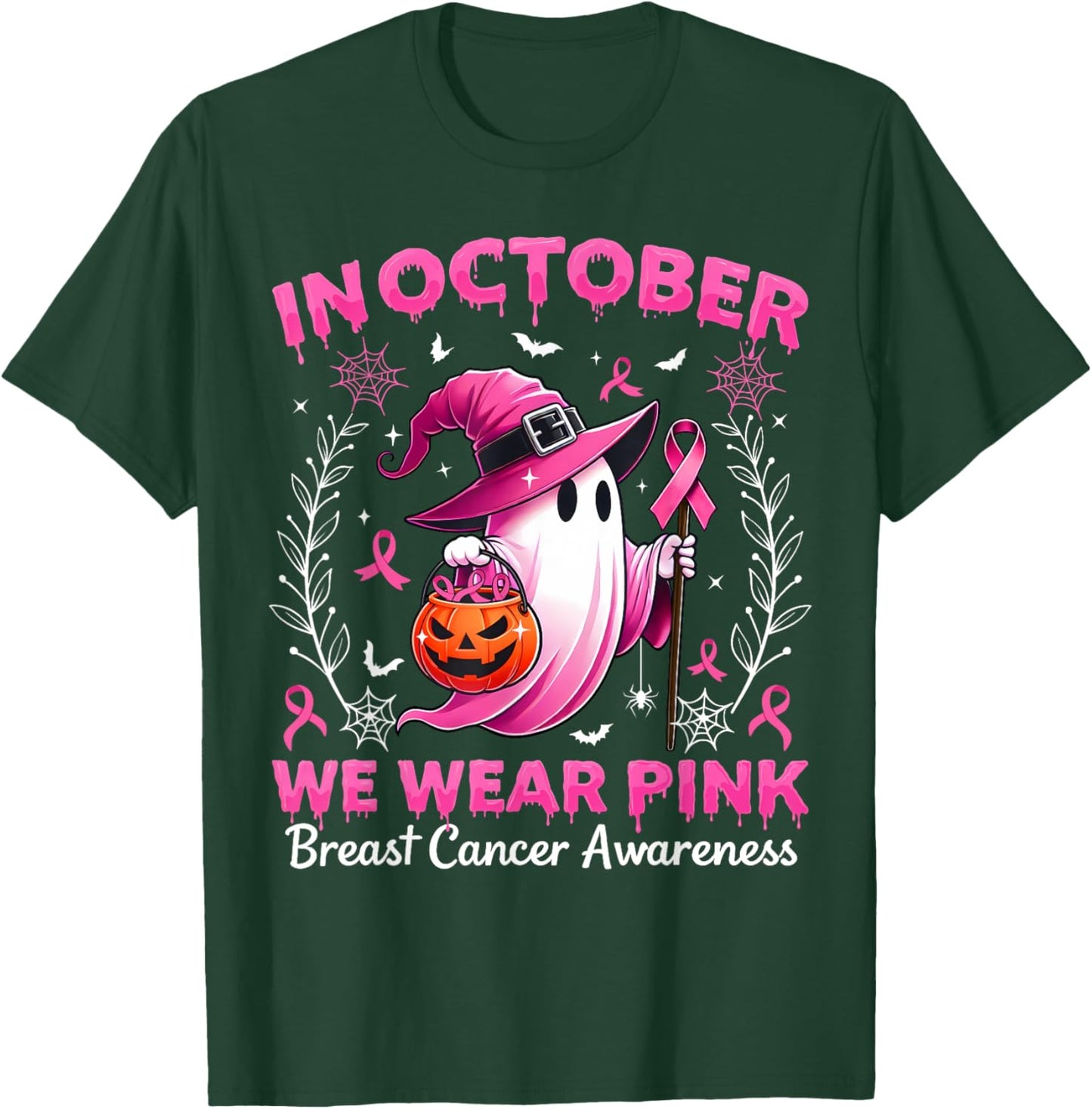 In October We Wear Pink Breast Cancer Awareness Halloween T-Shirt - T-Shirt | Forest