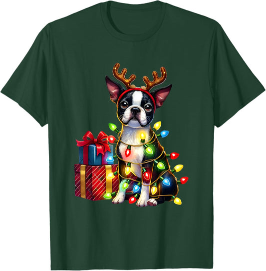 Pet Animal Boston Terrier Dog Reindeer Antlers Christmas Women Kids T-Shirt - T-Shirt | Forest