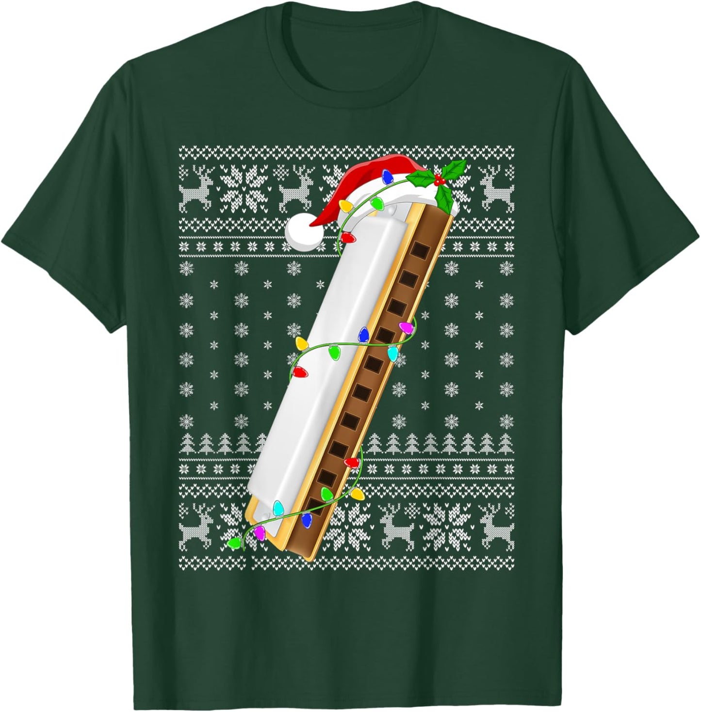 Ugly Sweater Xmas Lights Santa Musical Harmonica Christmas T-Shirt - T-Shirt | Forest