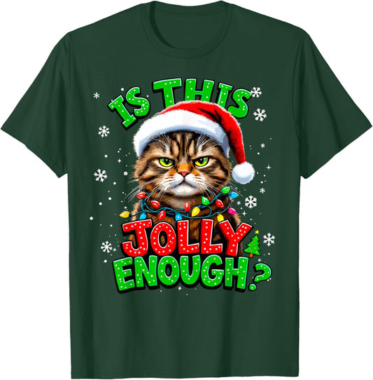 Is This Jolly Enough? Christmas Lights Santa Cat Xmas Party T-Shirt - T-Shirt | Forest