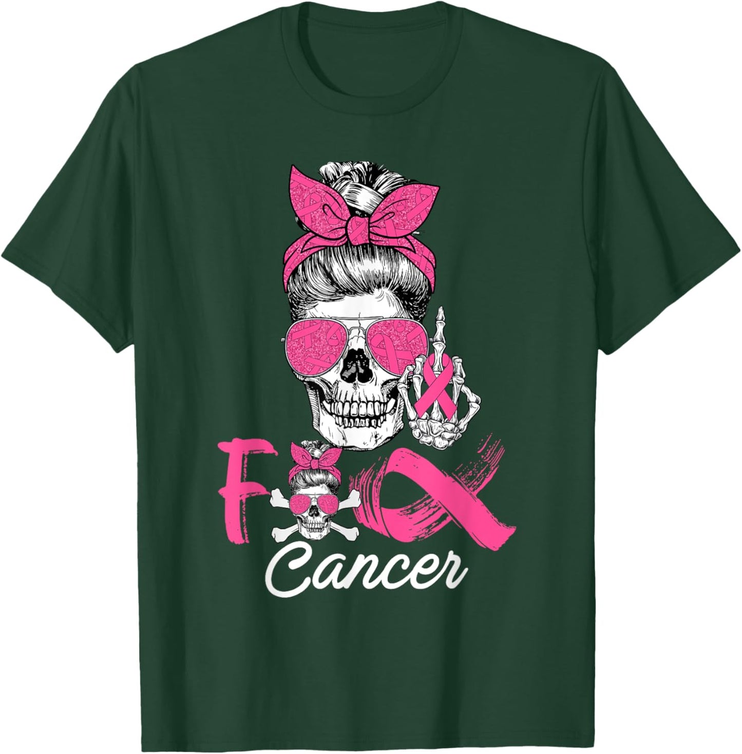Fuck Cancer Breast Cancer Messy Bun Skeleton Halloween Day T-Shirt - T-Shirt | Forest