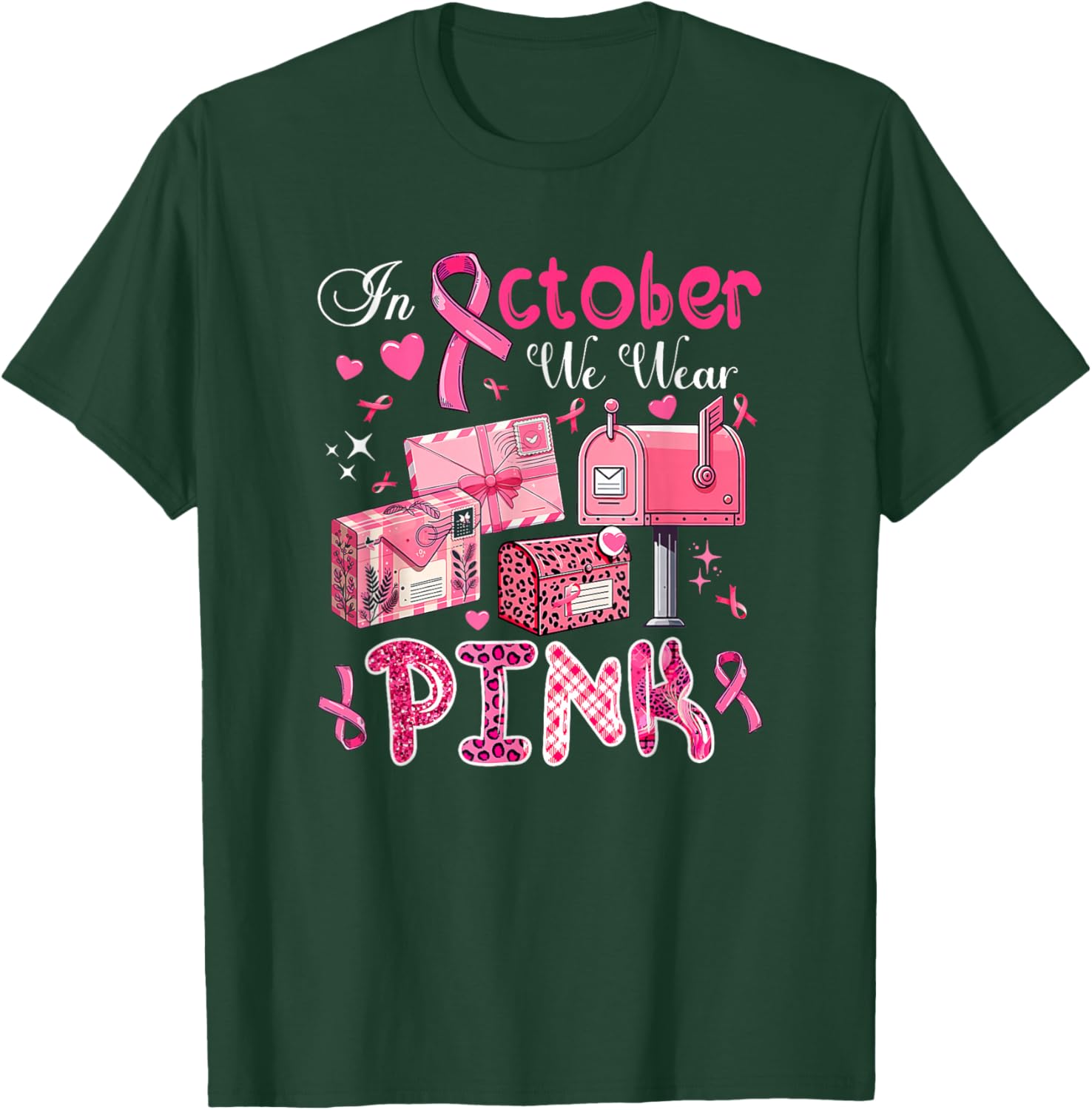 October We Wear Pink Breast Cancer Awareness Postal Worker T-Shirt - T-Shirt | Forest