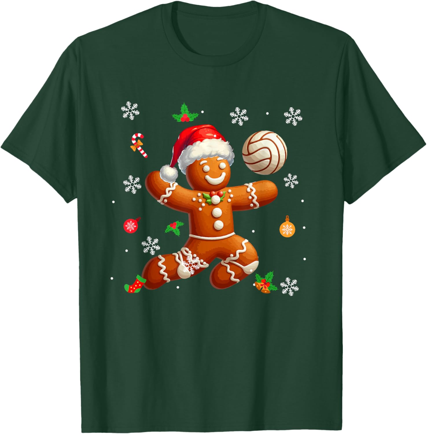 Gingerbread Playing Volleyball Christmas Player Kids Family T-Shirt - T-Shirt | Forest