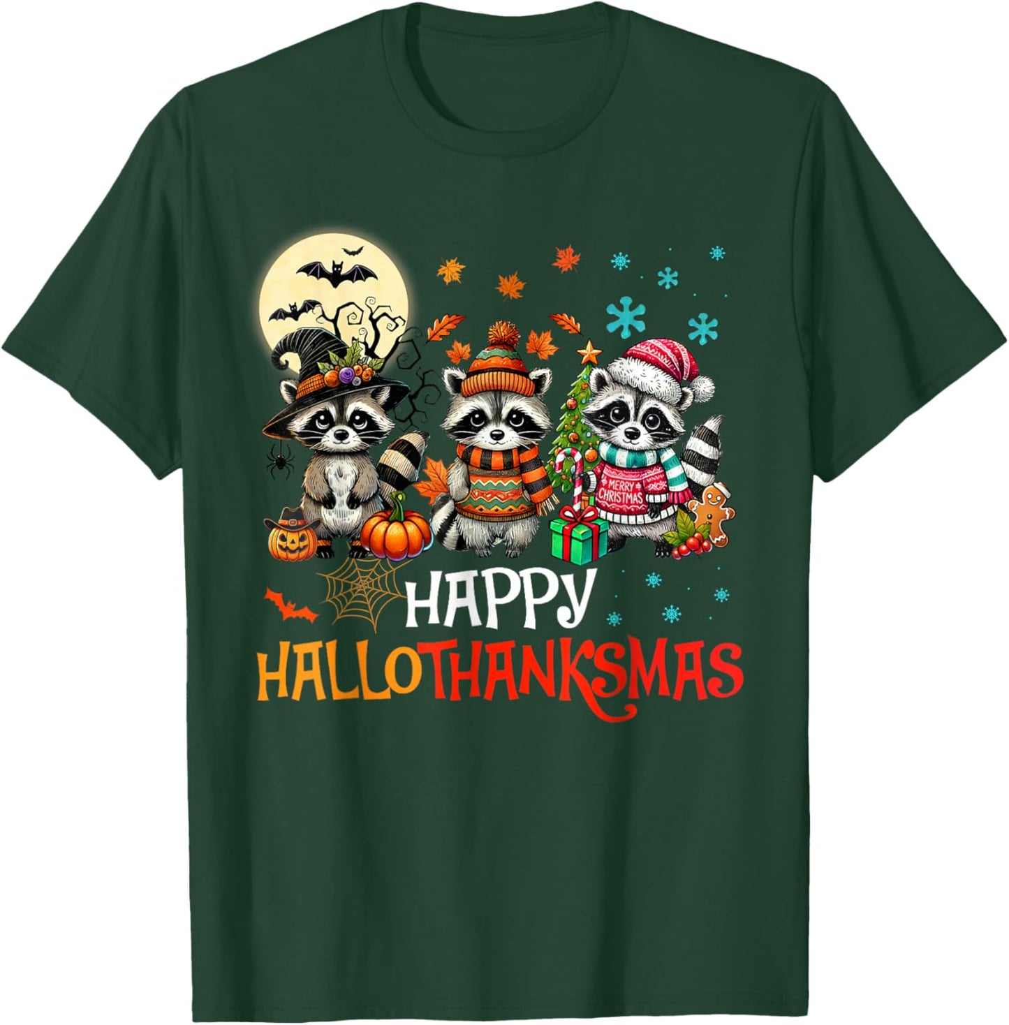 Happy Hallothanksmas Raccoon Lover Halloween Merry Christmas T-Shirt - T-Shirt | Forest
