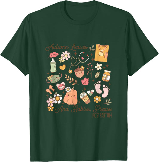 Retro Groovy Postpartum Cute Nurse Crew Fall Thanksgiving T-Shirt - T-Shirt | Forest