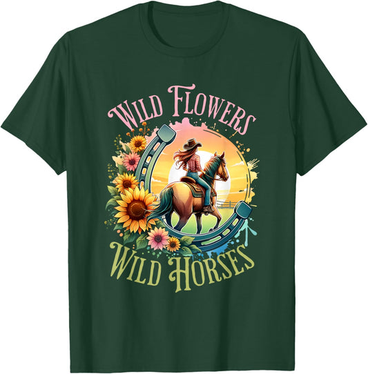 Wild Flowers & Wild Horses Country Sunset Western Cowgirl T-Shirt - T-Shirt | Forest